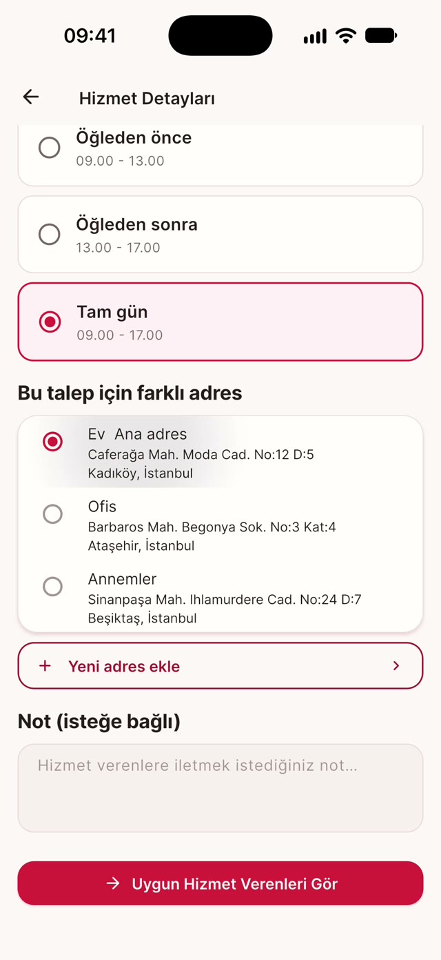 Hizmet detayları: çalışma aralığı ve adres seçimi